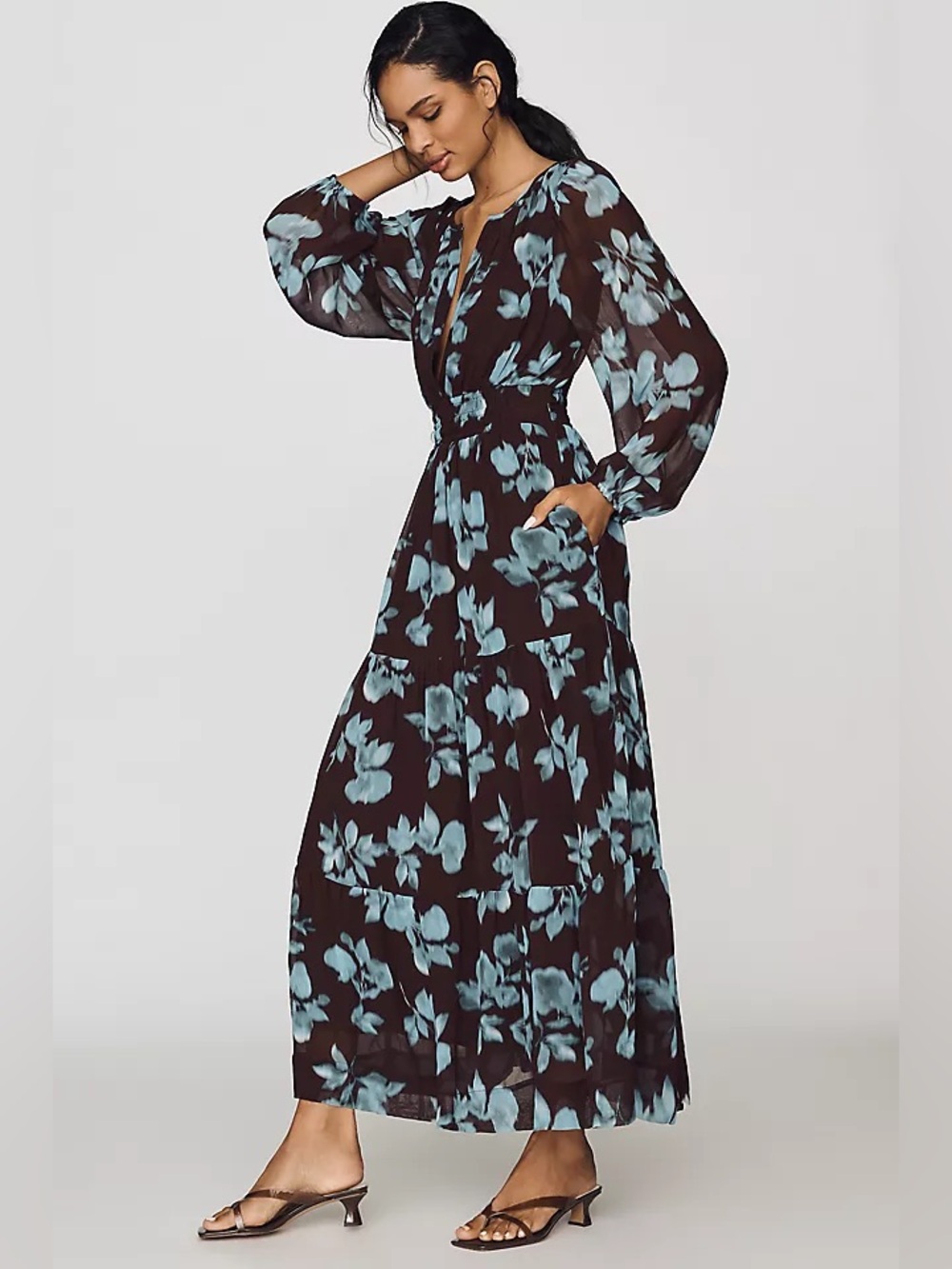 NWT Anthropologie Somerset Long Sleeve Chiffon Maxi Dress Brown Floral